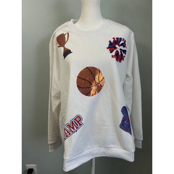 NWOT Queen Of Sparkle White Custom KU Jayhawks Icon Crewneck Sweatshirt size L - Picture 1 of 13